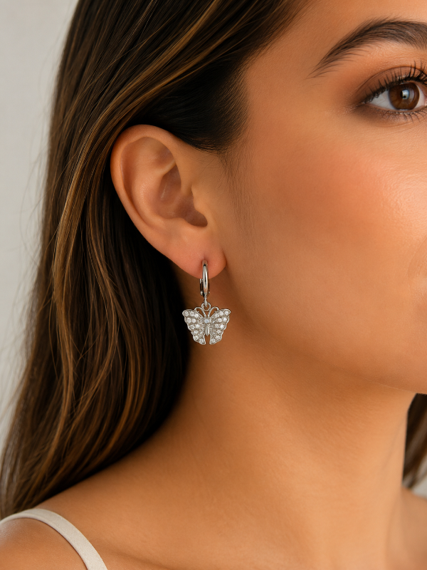 Producto - Aros colgantes acero quirúrgico micro pavé mariposa