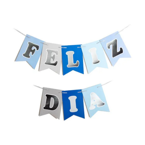 Producto - Banderin stamping FELIZ DIA color tonos celeste letra dorada