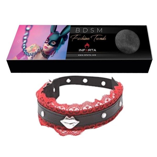 Producto - Collar Choker Con Puntilla Roja Y Boquita Plateada
