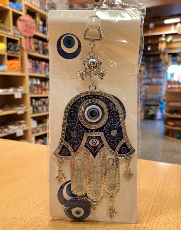 Producto - Colgante de Metal Mano de Fatima Azul grande 22 cm x 9.5 cm