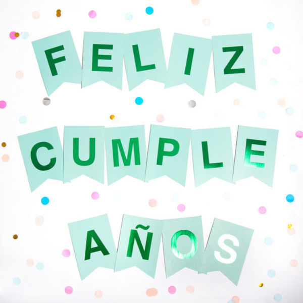 Producto - Banderin stamping color FELIZ CUMPLEAÑOS color verde pastel letra verde