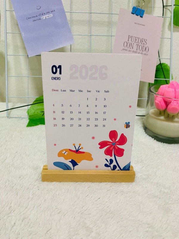 Producto - Calendario De Escritorio Minimalista Con Base De Madera Flores