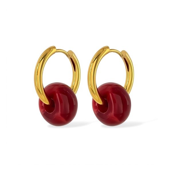 Producto - Argollas de acero dorado con dije - 1.7cm - Dona - Bordó
