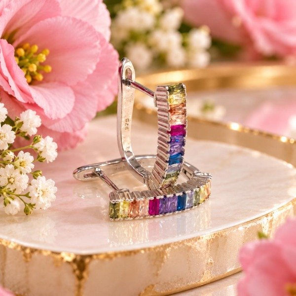Producto - Aros Argollares Cierre cajón Piedras Baguettes Multicolor Plata 925