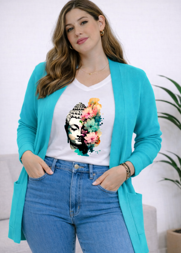 Producto - Conjunto saco acrilico turquesa + remera escote V