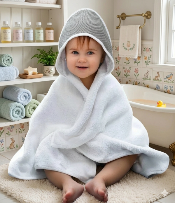 Producto - Toallón Para Bebé "Gris Perla" con Capucha y Ribete Blanco