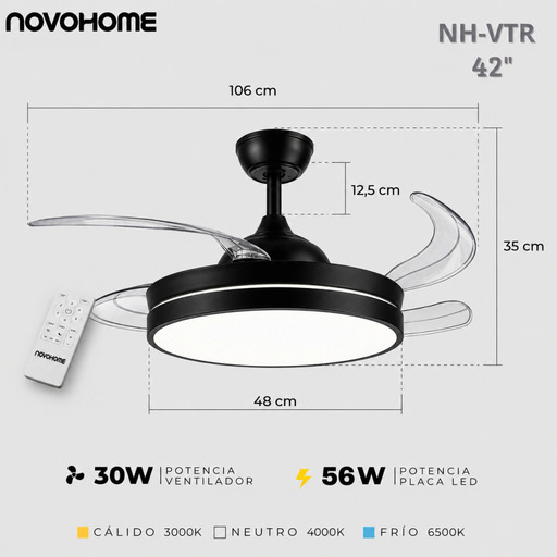 Producto - Ventilador de Techo -4 aspas retractiles -modo frio/calor -luz led -control remo - 10