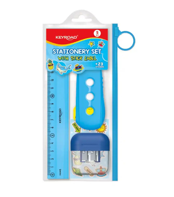 Producto - Blíster Stationery set: sacapuntas +regla +goma+ stickers Keyroad