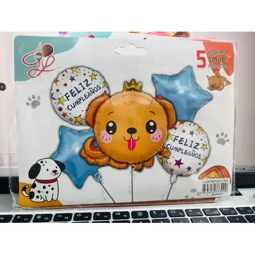 Producto - Set 5 Globos - Perro Marron Feliz Cumpleaños