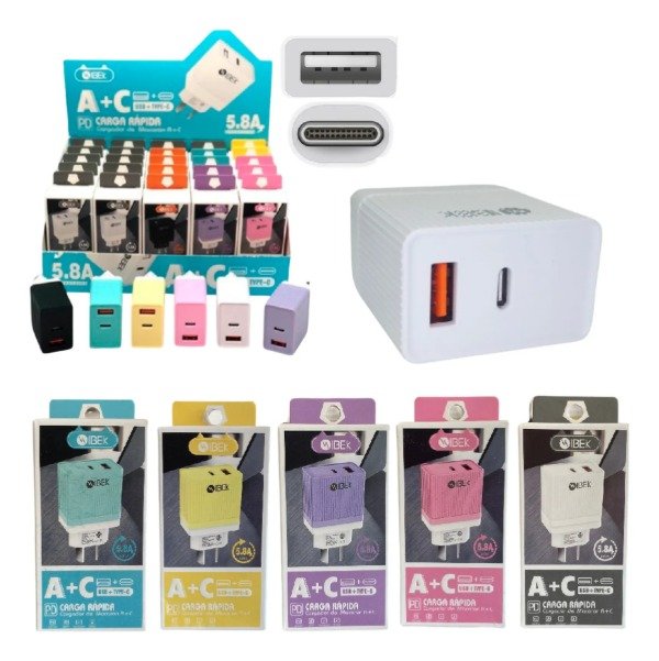 Producto - Cabezal Cargador Puerto USB + Tipo c 5.8A Ibek IB 582 Lila - 0