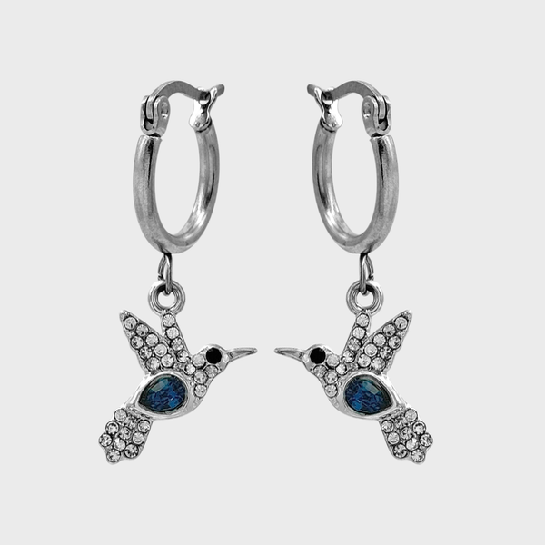 Producto - Argollas de acero quirúrgico con dije - Brillo - Colibri azul