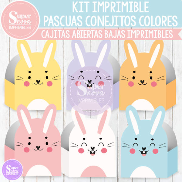 Producto - KIT IMPRIMIBLE FELICES PASCUAS CONEJITOS COLORES CAJITAS ABIERTAS BAJAS X 6