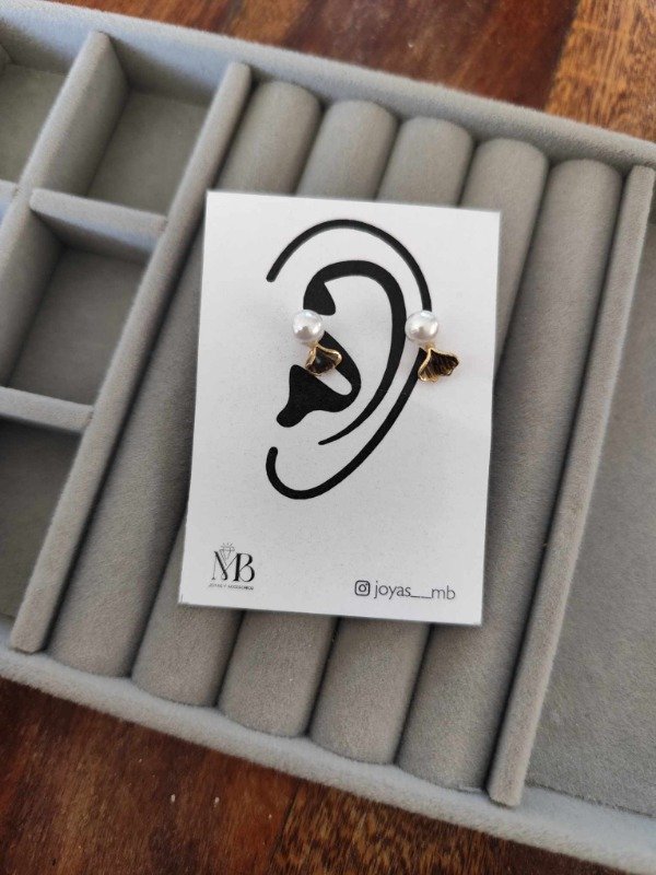 Producto - Aros detalle + perlas. Acero dorado.