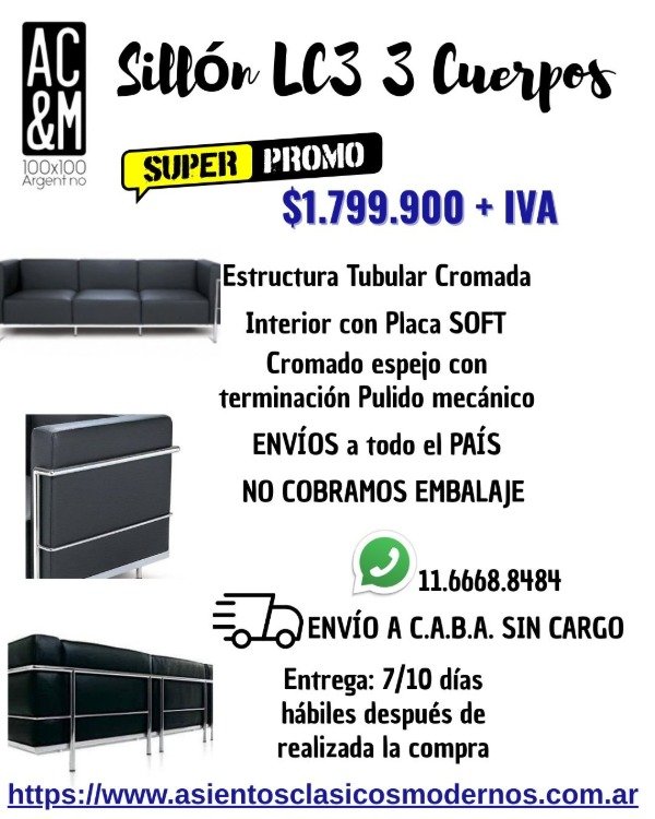 Producto - Sillón Sofá LC3 GRAND CONFORT 3 Cuerpos, Estructura Tubular Cromada!!