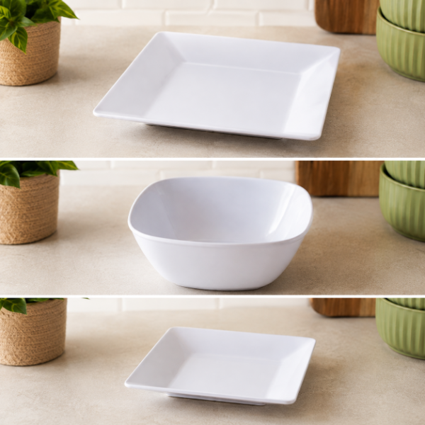 Producto - SET DE DOS PLATOS CUADRADOS Y ENSALADERA DE MELAMINA GASTRONOMICA - 0
