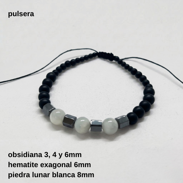 Producto - PULS.HOMB.FP - Pulsera regulable obsidiana y piedra lunar 8mm (DÓLAR)