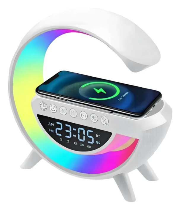 Producto - Parlante G Bluetooth con luz RGB , reloj alarma  y cargador inalambrico