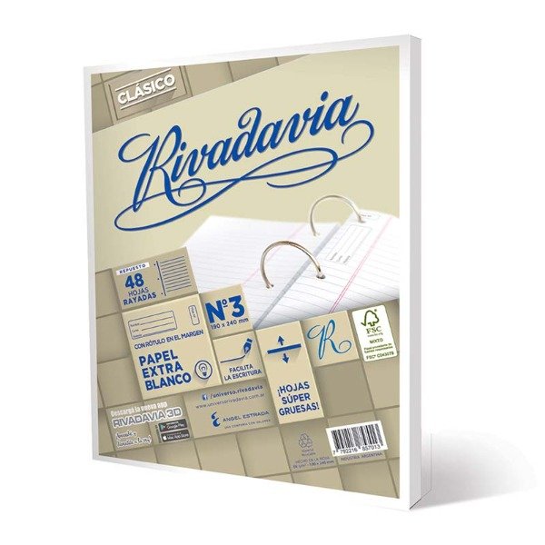 Producto - REPUESTO RIVADAVIA N3 CLASICO 24 HOJAS CUADRICULADO EXTRA BLANCO