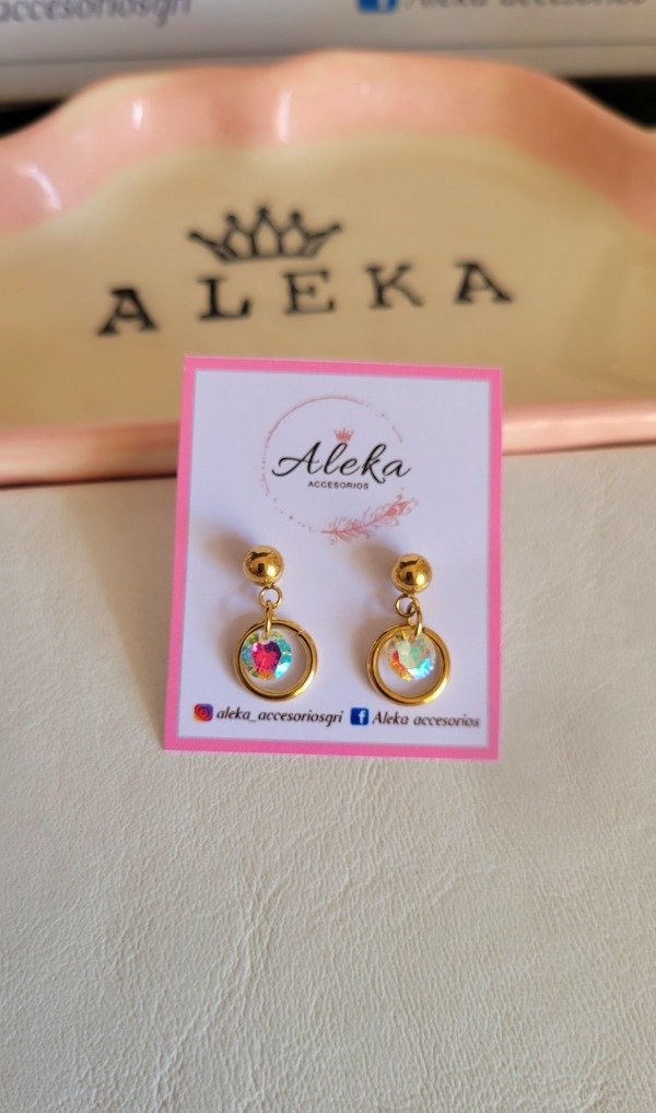 Producto - Aros redondos con cubic colgante de acero dorado - 3