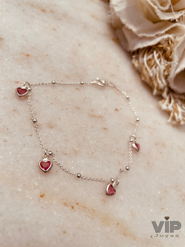 Producto - Pulsera Bolitas Dijes Corazón Cubics Rosa Plata 925