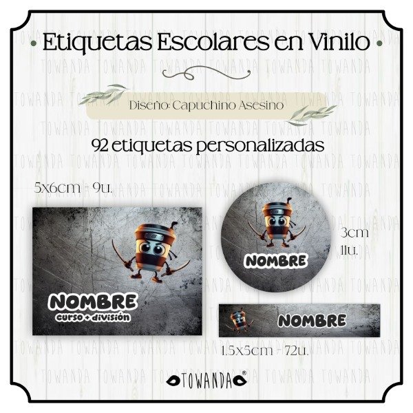 Producto - Capuchino Asessino - Etiquetas Escolares en Vinilo