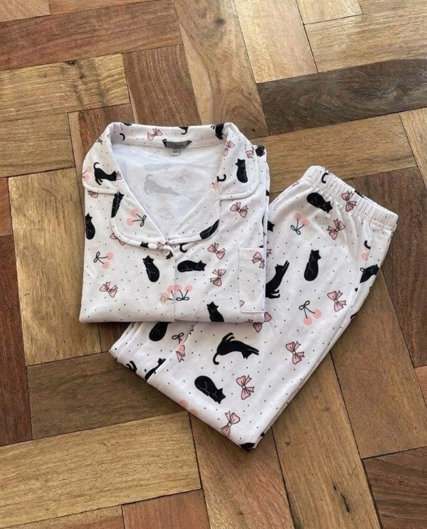 Producto - Pijama camisero largo mangas cortas - Blanco con gatitos - 3