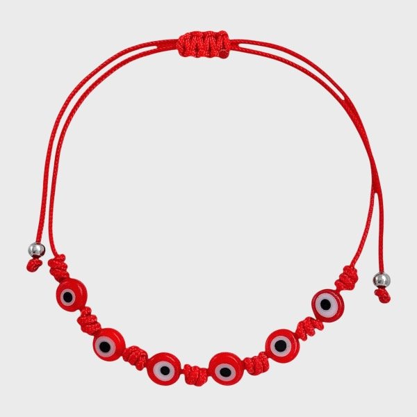Producto - Pulsera de hilo y acero quirúrgico - 7 nudos - Ojitos - Rojo