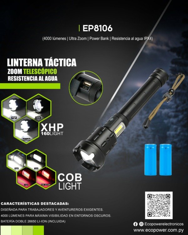 Producto - Linterna Tactica Led Ecopower Ep8106 Xhp160, 4000 Lm, 2 Km Blanco Negro