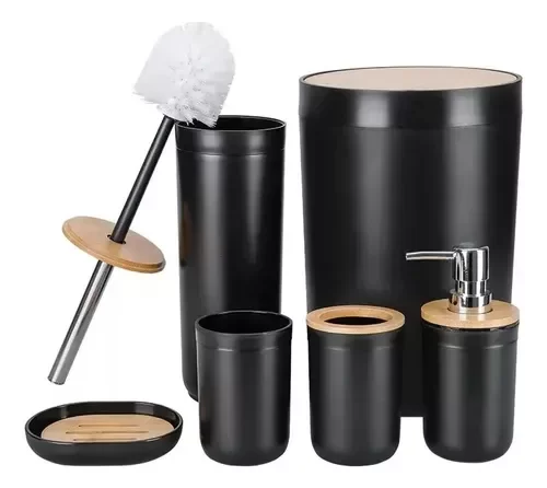 Producto - Set De Baño Bambú Plástico X6 Negro Tacho Escobilla Dispense
