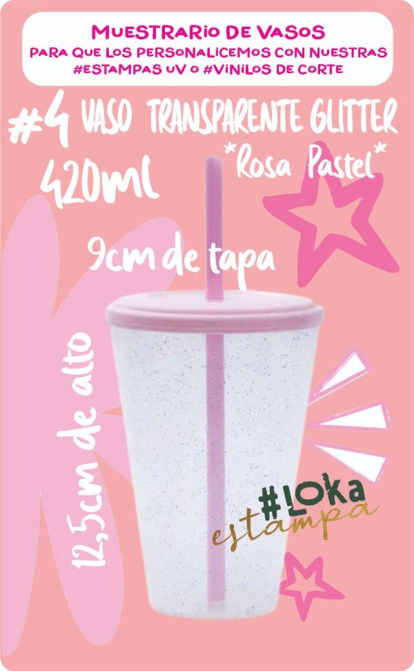 Producto - #4 Vaso Transparente con Glitter x420ml varios Colores Pasteles a elección