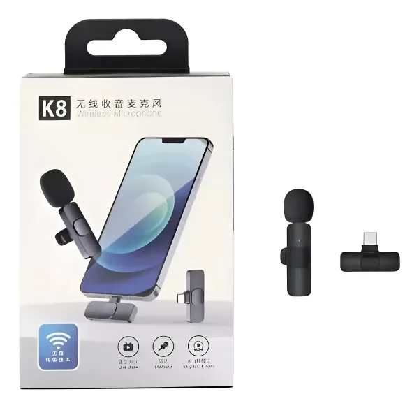 Producto - Micrófono Inalambrico K8 Tipo C + Adaptador Lighting Negro