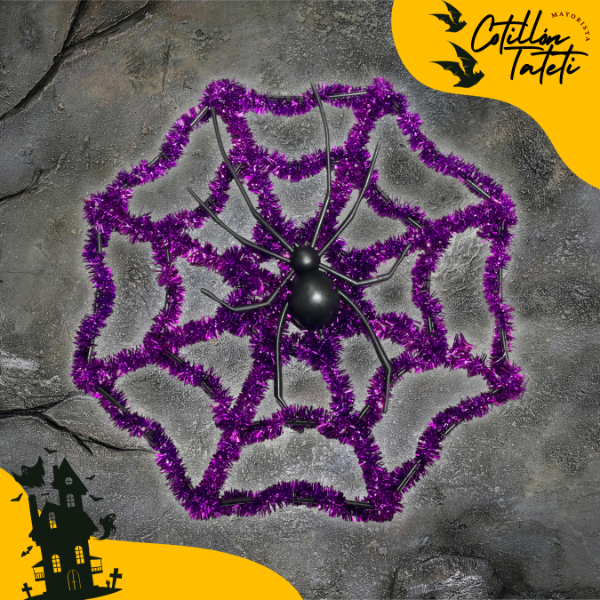 Producto - TELARAÑA CON ARAÑA TINSEL VIOLETA - 29cm.