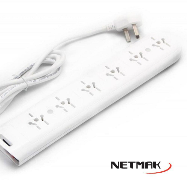 Producto - Zapatilla eléctrica -220v -6 tomas multinorma -c/tecla -white -Netmak (NM-ZP6)