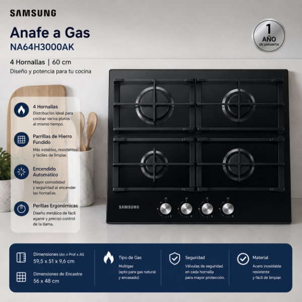 Producto - ANAFE A GAS SAMSUNG 4 HORNALLAS BLACK NA64H3OOOAK 60 CM