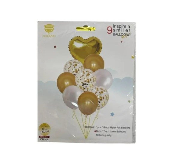 Producto - Set Blister Globos x 9 Corazón, Látex, Confeti Dorado y Blanco