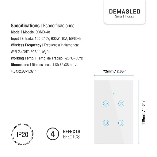 Producto - Tecla Smart de Pared Táctil 4 Canales 600W Blanco -Demasled (domo-48bl) - 1