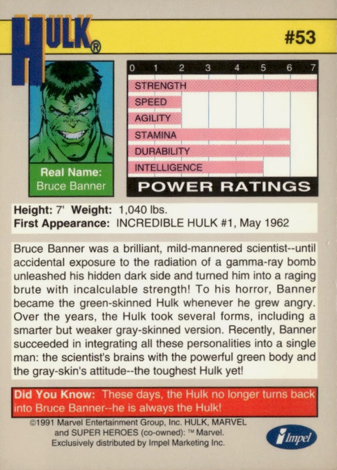 Producto - 1991 Impel Marvel Universe II  #53 - Hulk - 1