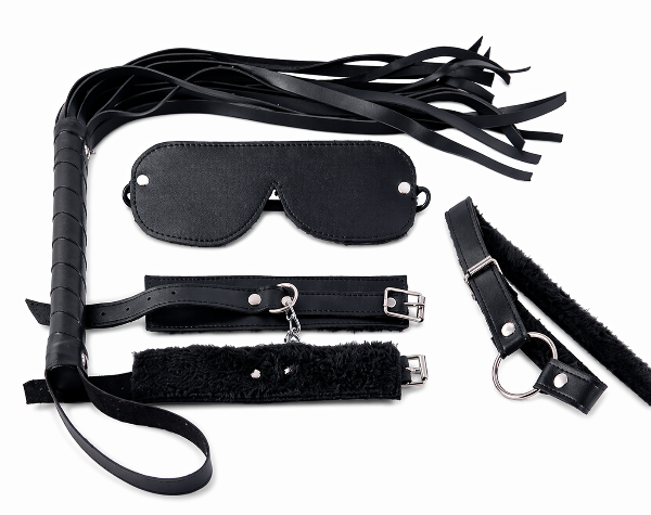 Producto - Kit de 4 piezas (esposas-antifaz-látigo y mordaza)