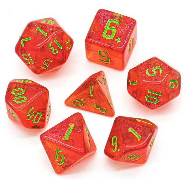 Producto - SET DE 7 DADOS TRANSPARENTES ROJOS