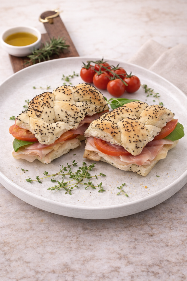 Producto - Trencitas de amapola Jamón crudo, tomate y rúcula