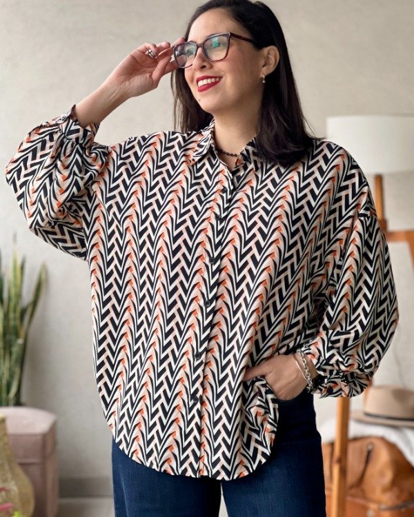 Producto - Camisa Balon de Seda Negro y Naranja L a 2XL