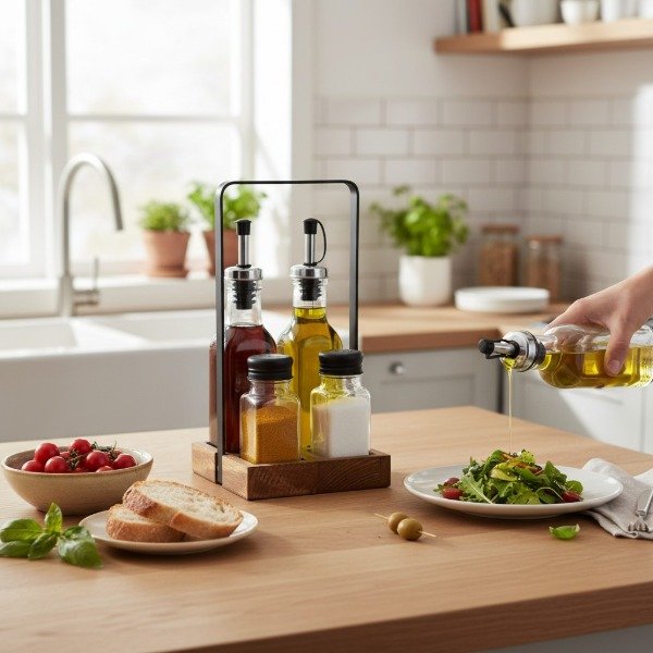 Producto - SET DE ACEITERA MAS VINAGRERA MAS 2 ESPECIERO BASE DE MADERA Y METAL - 2