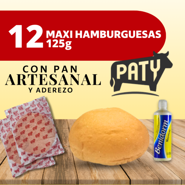 Producto - 12 MAXI HAMBURGUESAS 125grs PATY C/ PAN Y ADEREZO