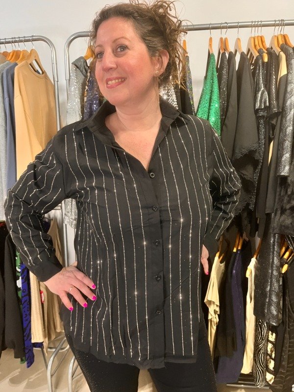 Producto - Camisa Importada Negra con Brillos Strass Vertical 120 cm contorno TRANSF 49.000