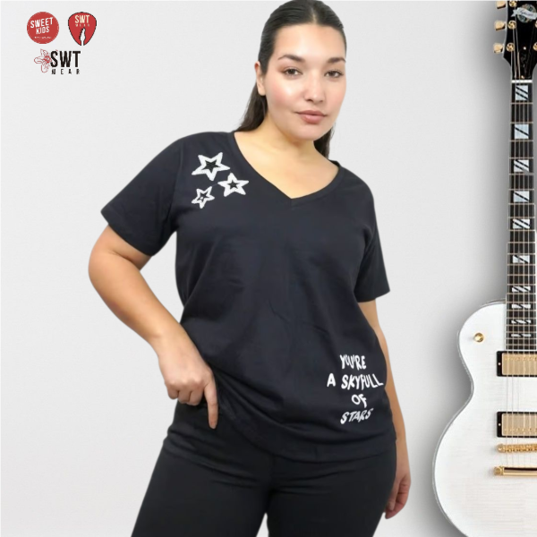 Producto - Remera Estrellas You Are Skyfull of Stars Lentejuelas Algodón Escote en V 4XL