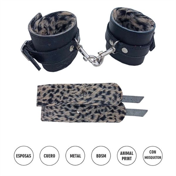 Producto - Esposas Negras Simples Con Mosqueton Y Peluche Animal Print