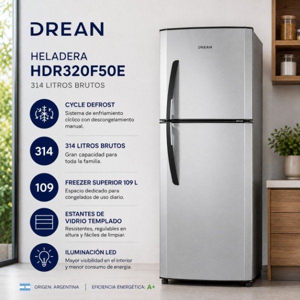 Producto - HELADERA DREAN HDR320F50E 314L SILVER