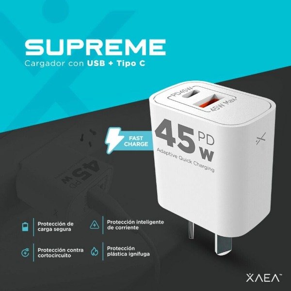 Producto - CARGADOR 220V SUPREME 5A 1USB + TIPO C XAEA