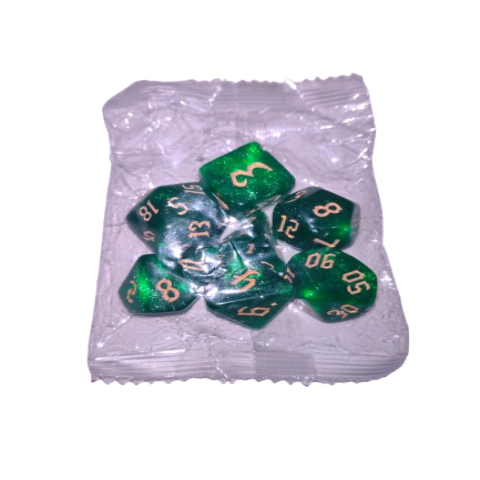 Producto - Set de 7 Dados - Verde y Dorado Glitter