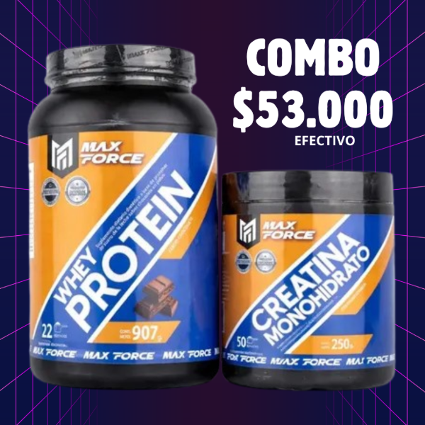 Producto - COMBO CREATINA 250 G - 50 TOMAS Y PROTEINA 1KG MAX FORCE